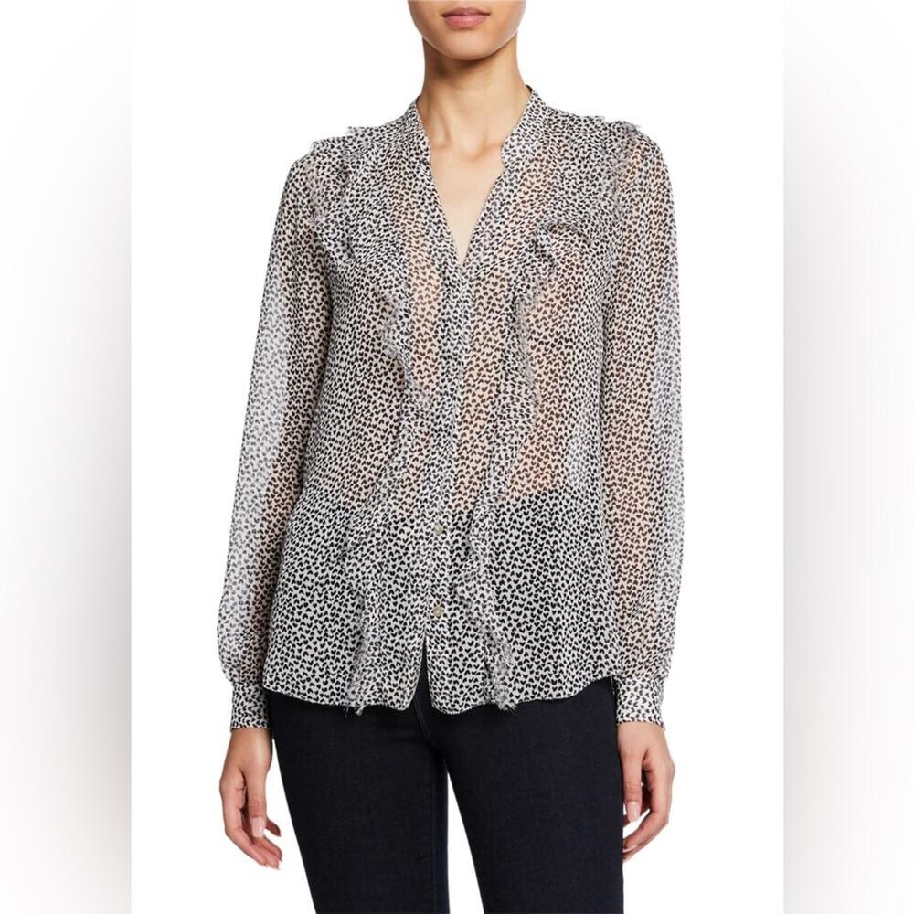 L’Agence Nadine Ruffle Shoulder Long Sleeve Blouse Sheer Heart Print Size Small
